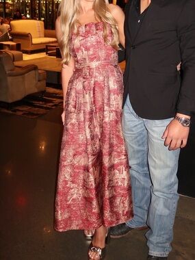 entro Red and Gold Brocade Strapless Gown